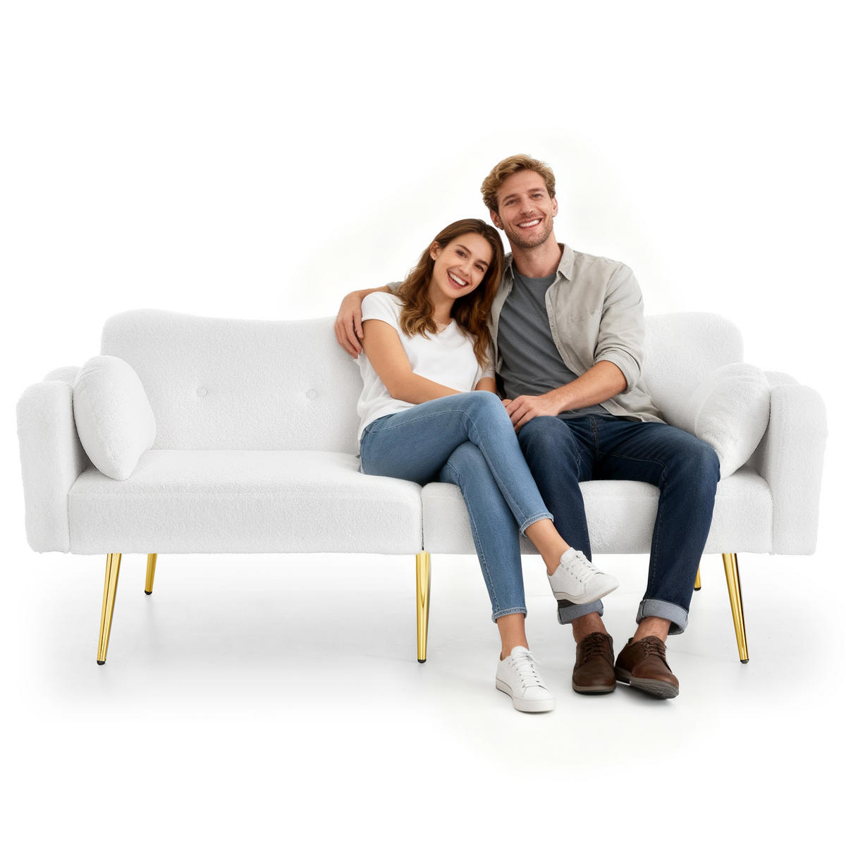 SCHLAFSOFA 2-Sitzer mit Bettfunktion und goldfarbenen Beinen - Weiß, Kunststoff (175/82/79cm)