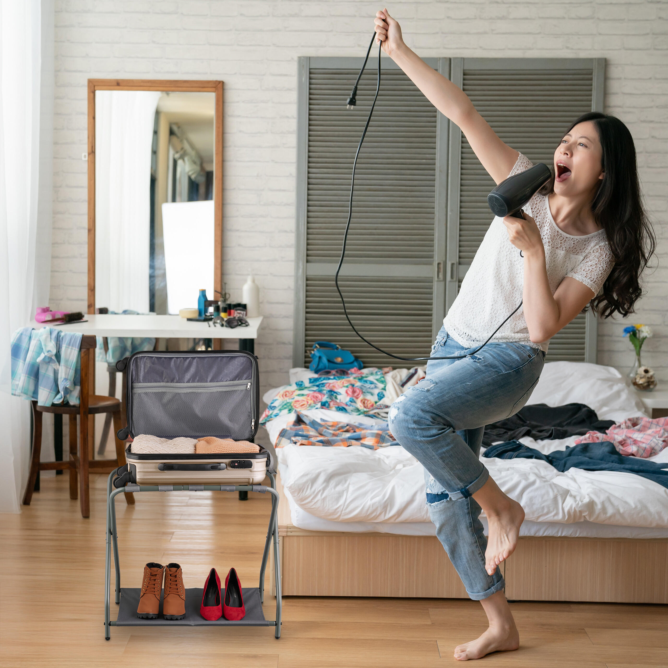 KOFFERSTÄNDER - Grau, Kunststoff/Textil (66/58/38cm) - Relaxdays