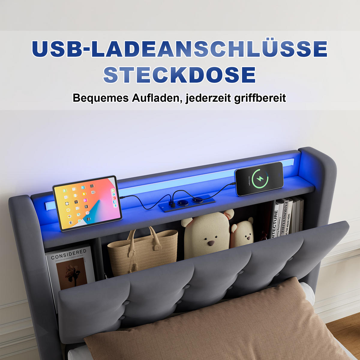 POLSTERBETT 90/200 cm Dunkelgrau mit 2 Schubladen, LED-Licht & USB-Anschluss, Samt gepolstert - Grau, Textil (90/200cm) - OKMYHOME