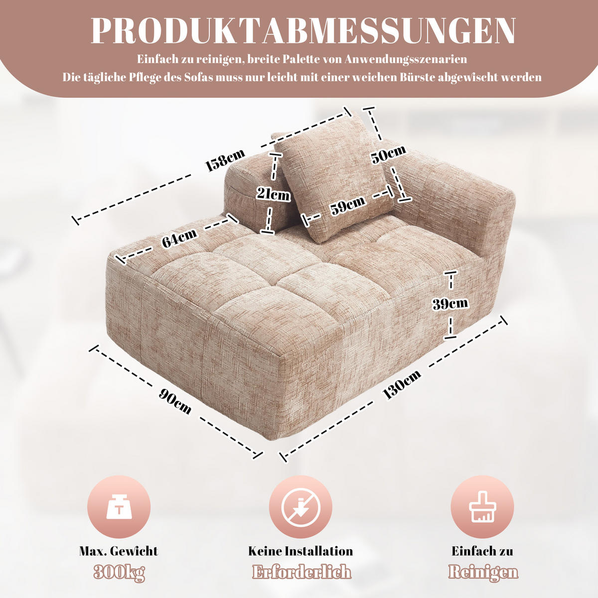 SOFA s ležaljkom, 158/90/60 cm, chenille kaki, s bočnim džepovima i jastukom - boje pijeska, tekstil (60/158/90cm) - BEAOK