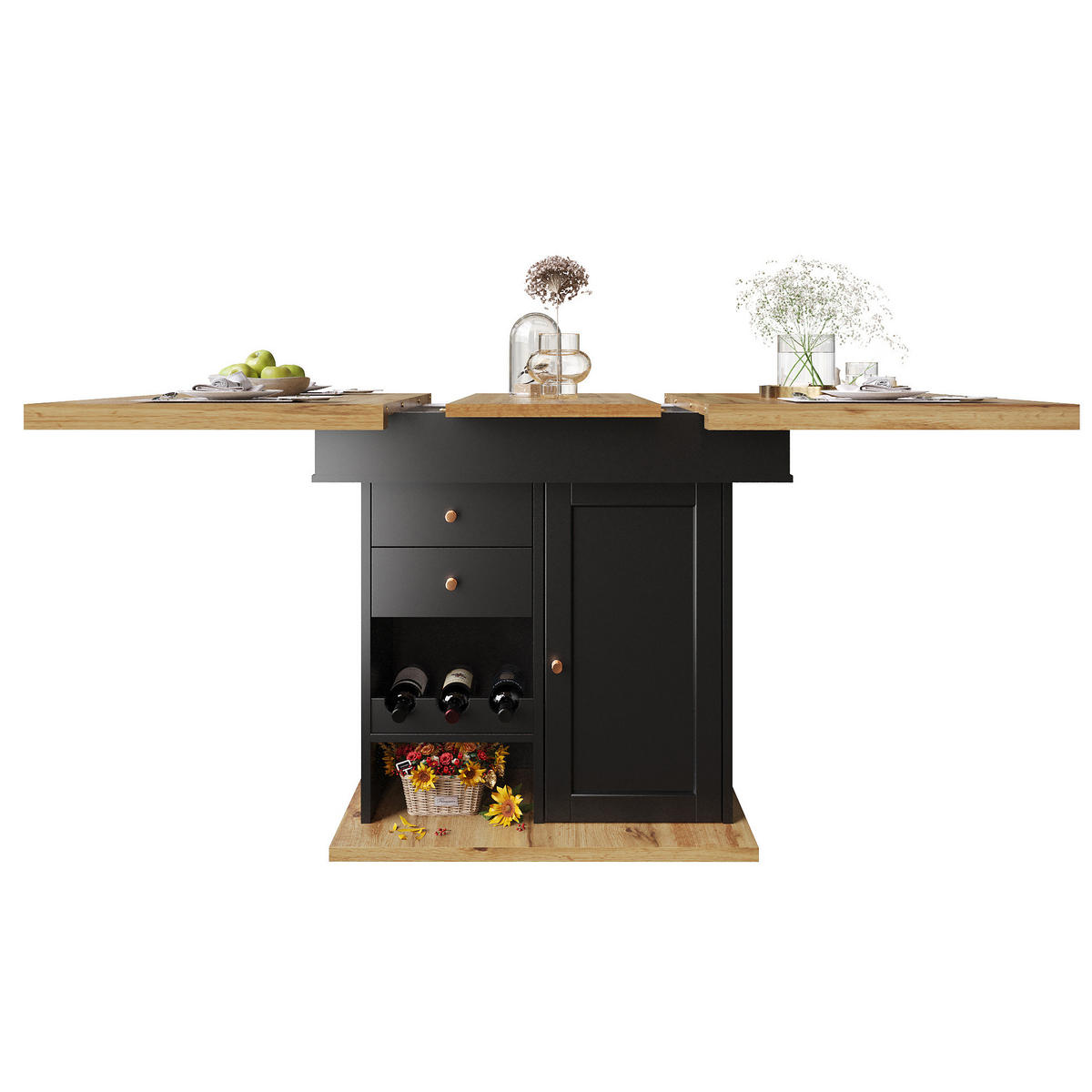 ESSTISCH aus MDF 110-140x80x75 cm Schwarz/Natur mit Auszug, Stauraum und Snack-/Weinregalen - Schwarz, Holzwerkstoff (110/80/75cm) - Modfu