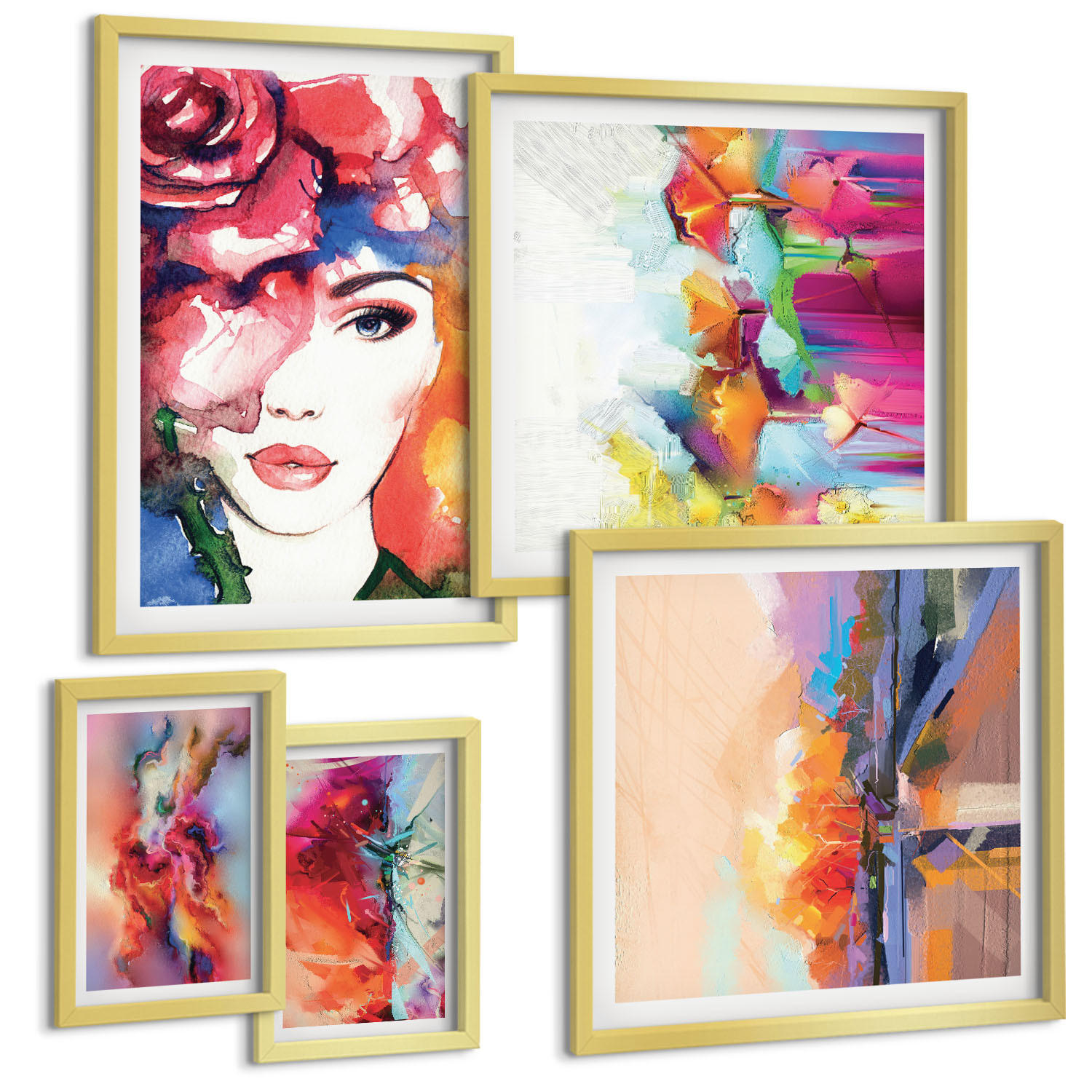 BILDER SET 5er Set - 50x50 cm & 20x30 cm & 40x60 cm Goldrahmen - Italienische Flüsse, Hügel, Straße - Goldfarben, Kunststoff (40/60cm) - TULUP