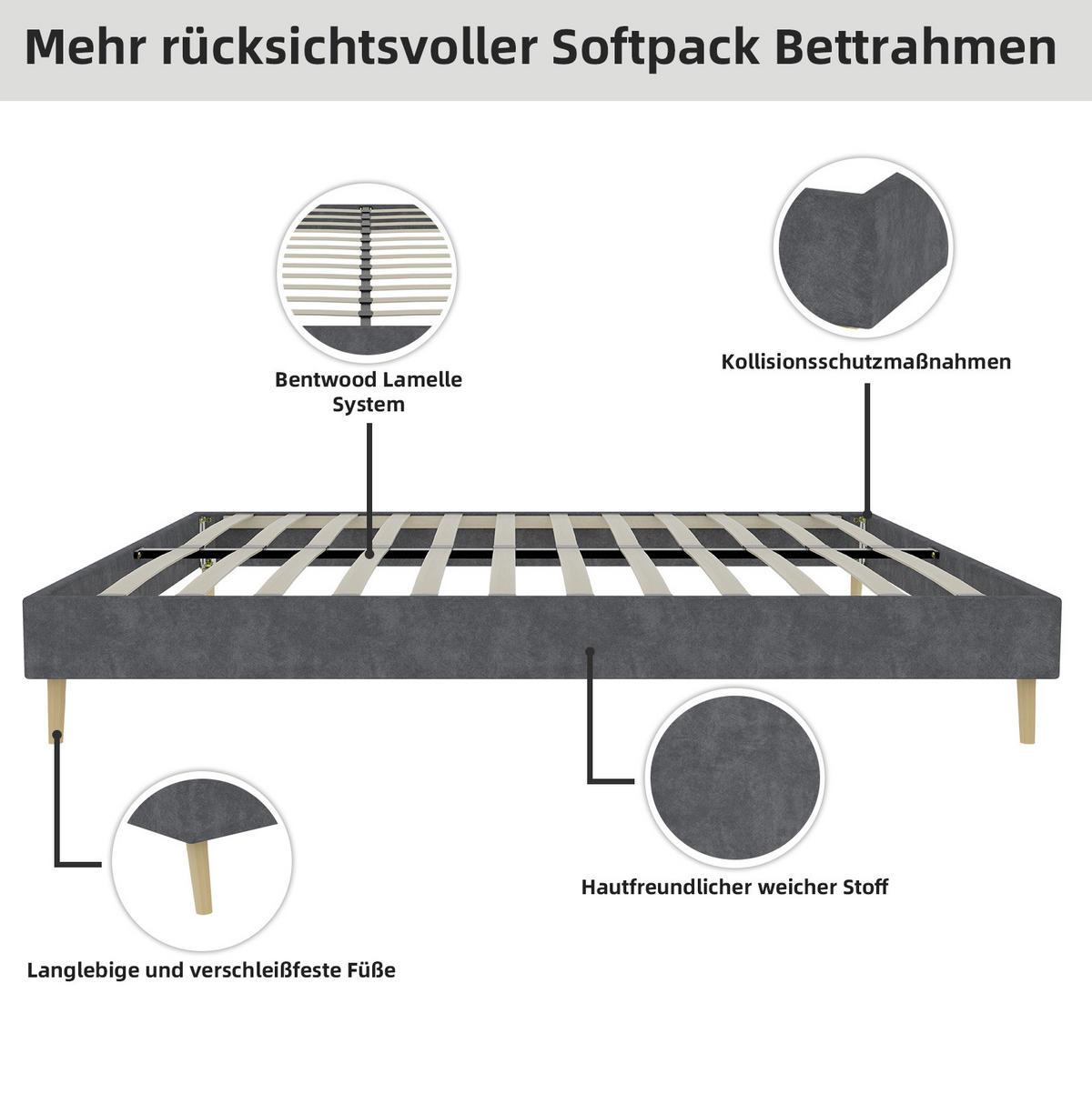 POLSTERBETT 160/200 cm grau aus Stoff und Metall mit geometrischem Kopfteil - Grau, Textil (160/200cm) - OKWISH