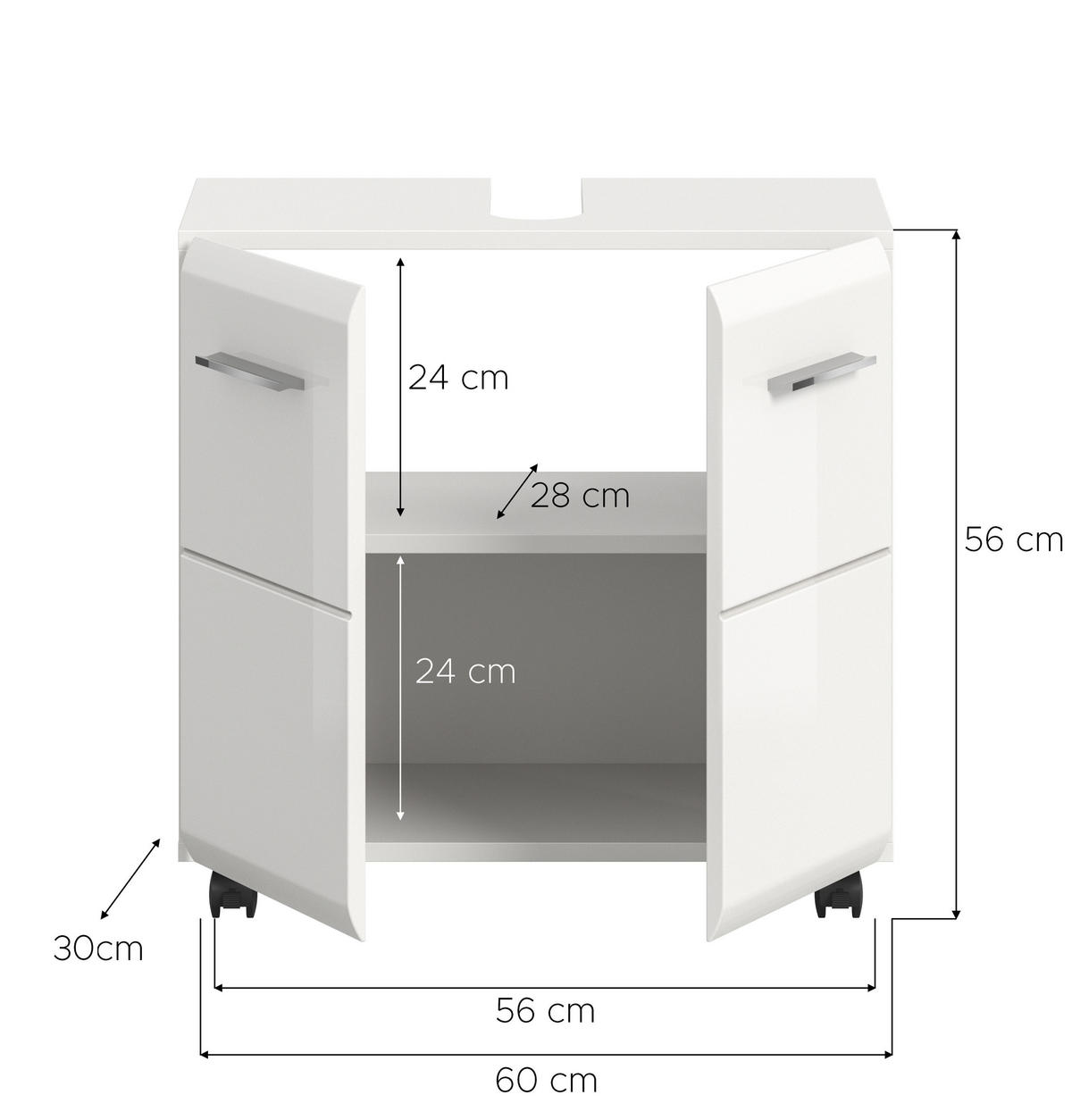 WASCHBECKENUNTERSCHRANK auf Rollen ICE (B/H/T: ca. 60/58/30 cm) in Weiß/weiß hochglanz - Weiß, Holzwerkstoff (60/58/30cm)