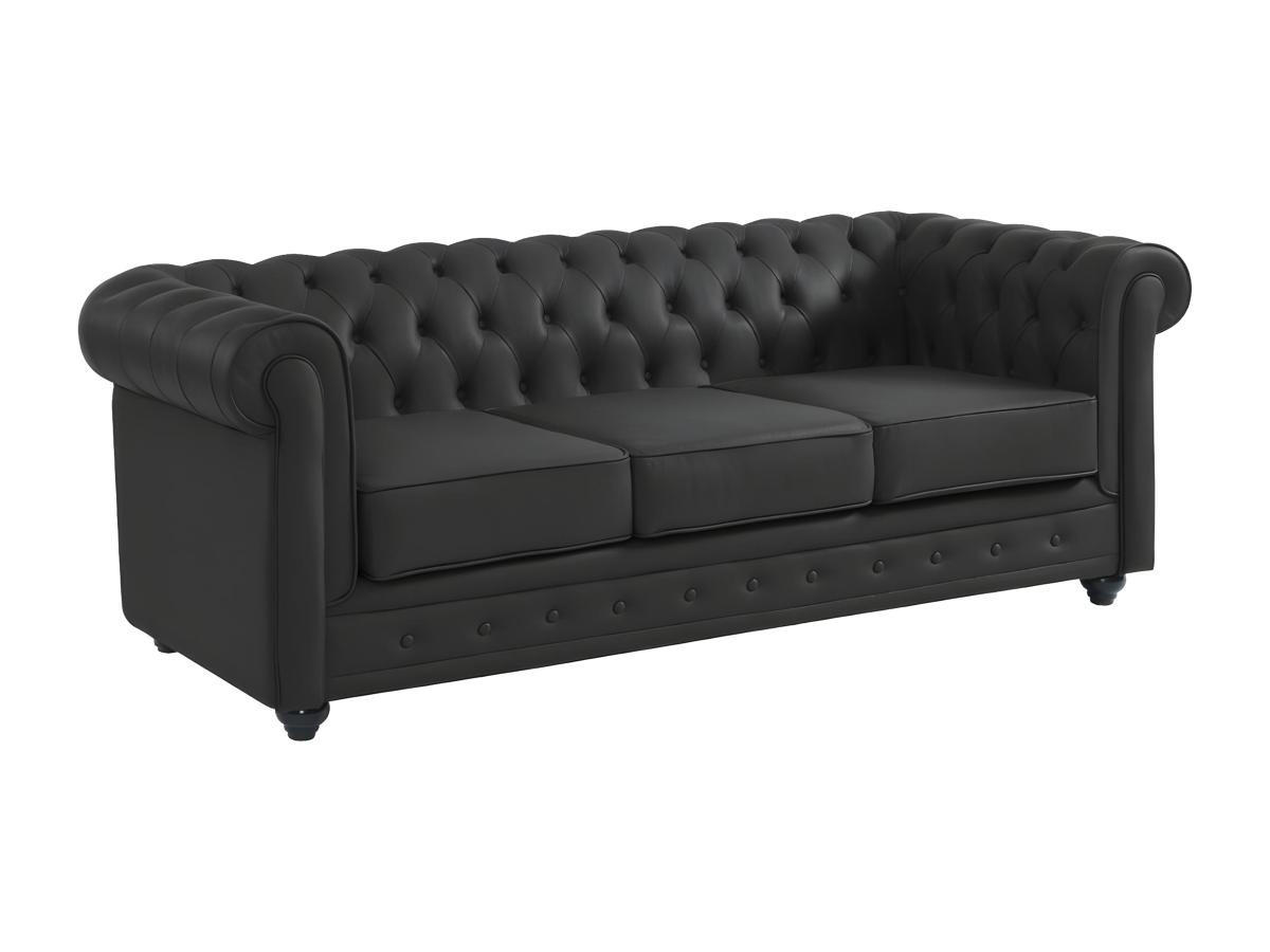 LEDERSOFA 3-Sitzer - Büffelleder - Schwarz - CHESTERFIELD - Schwarz, Leder (88/72/205cm) - Vente-Unique