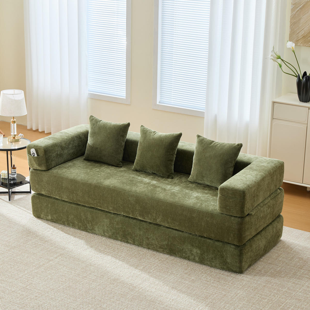 3-SITZER SOFA Chenille Grün mit Seitentaschen und rutschfester Unterseite - Grün, Holzwerkstoff/Textil (198/60/79cm) - WISHDOR