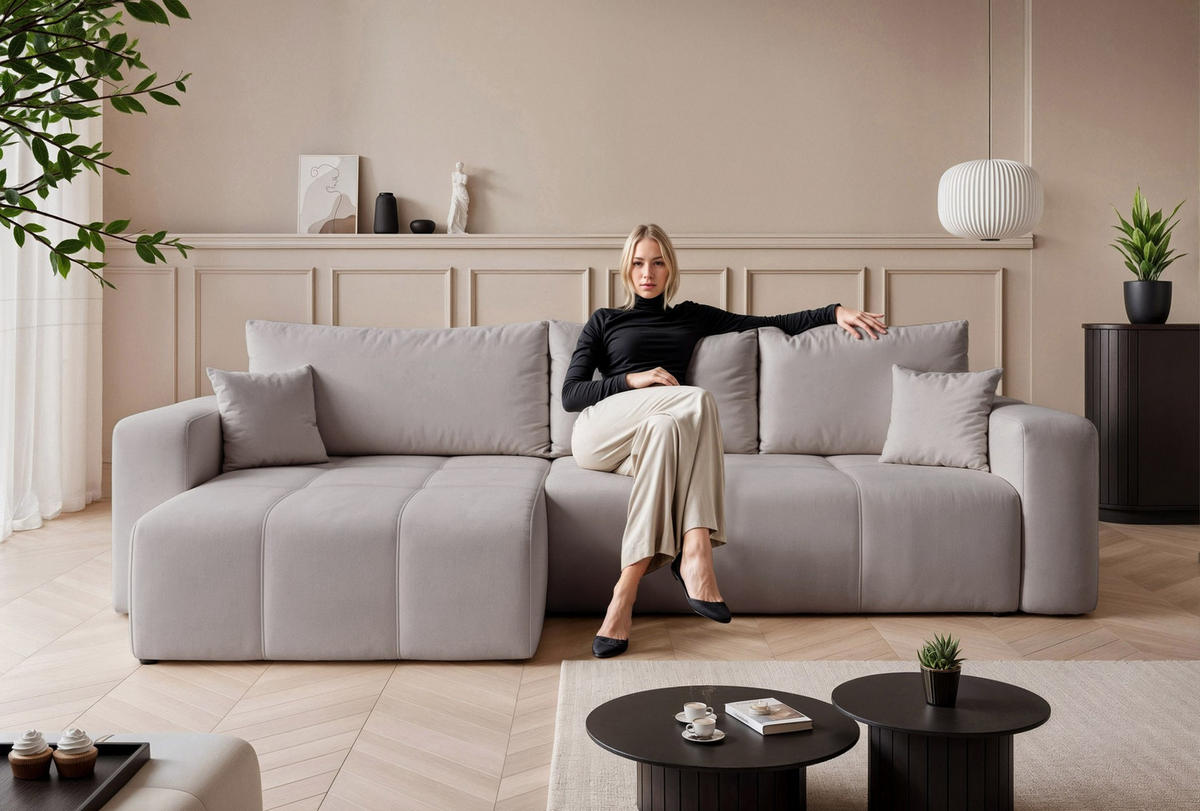 ECKSOFA XL Velours mit Bettkasten und Schlaffunktion - Grau, Holzwerkstoff/Textil (278/145cm) - Idohome