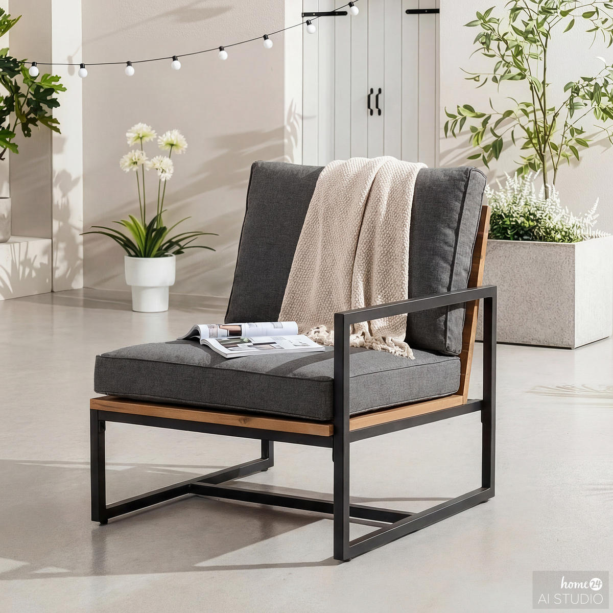 LOUNGEECKE - Polyester / Akazie massiv - Grau / Braun - Braun/Grau, Holz/Textil (68/79/82cm) - home24