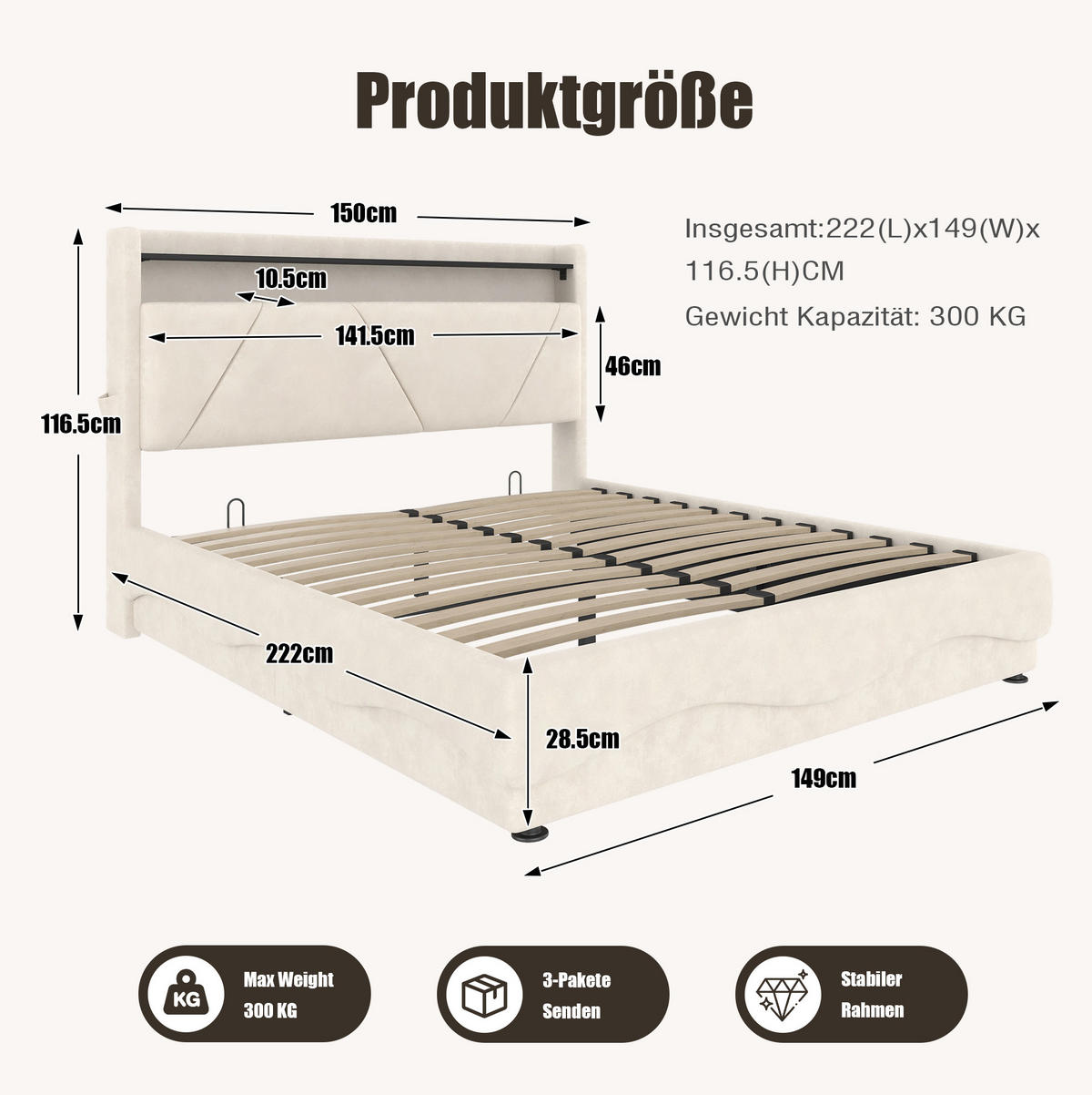 ČALOUNĚNÁ postel 140/200 cm s LED osvětlením, USB a USB-C, úložným prostorem, sametová, Béžová - béžová, textil (140/200cm) - Redom