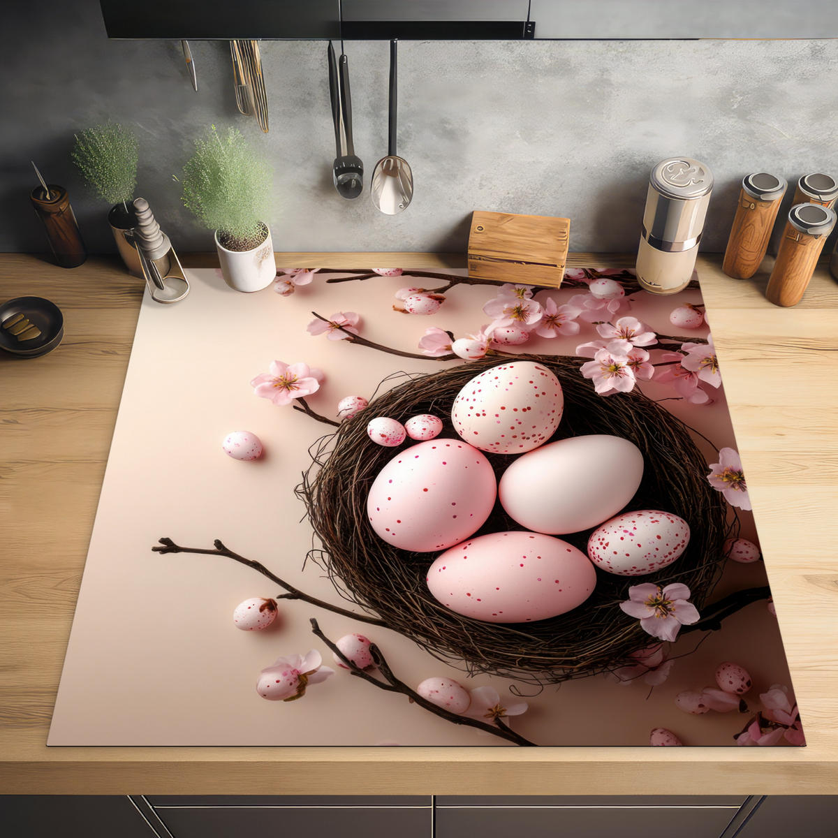 HERDABDECKPLATTE Rosa - Blüten - Eier Induktionsmatte 78x78 cm - Hellrosa, Kunststoff (78/78/0.2cm) - MuchoWow