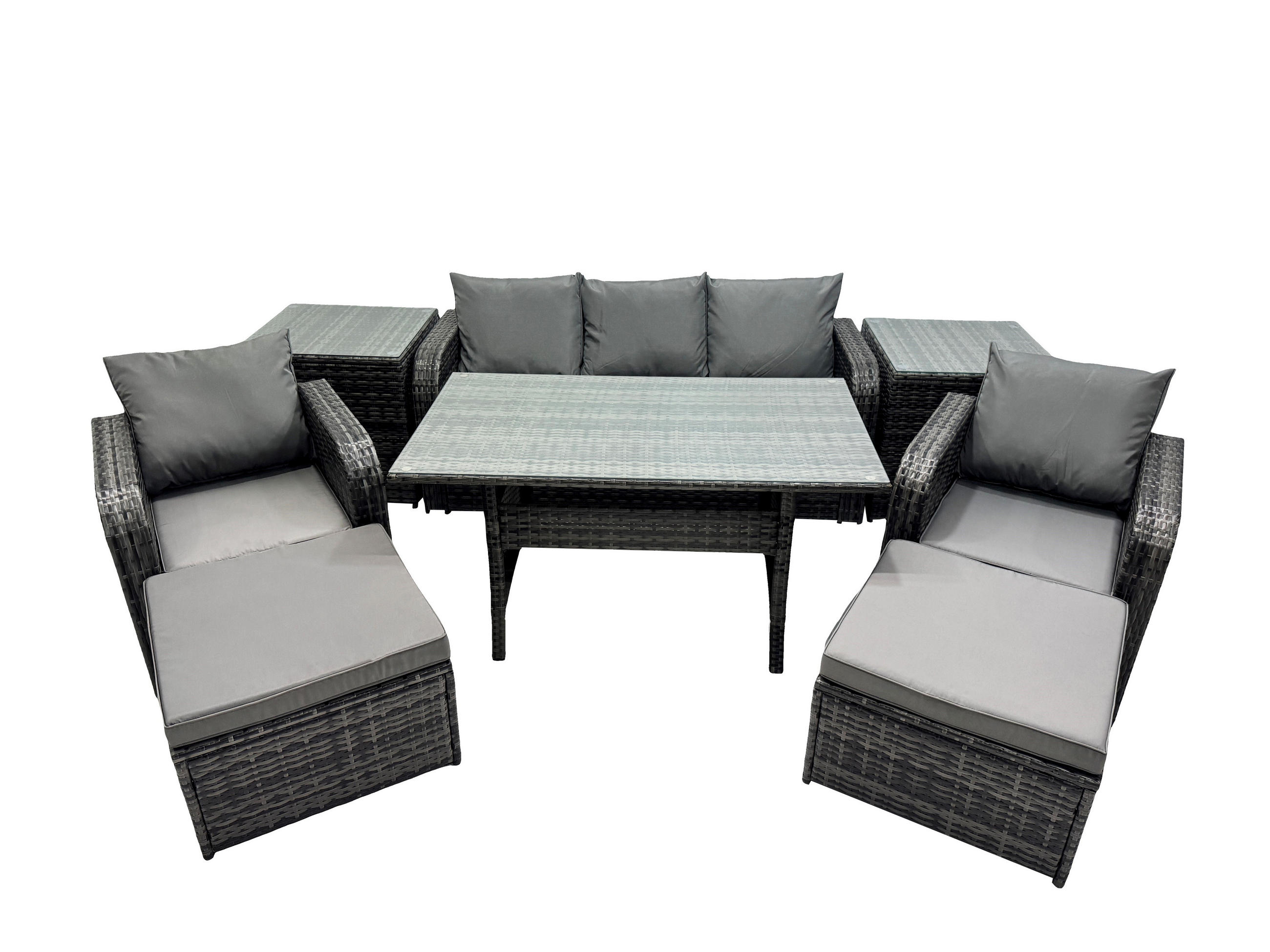 GARTENSET mit 3-Sitzer-Sofa,Hockern,Esstisch Polyrattan 7-Sitzer - Dunkelgrau/Grau, Glas/Kunststoff - Fimous