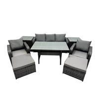 GARTENSET mit 3-Sitzer-Sofa,Hockern,Esstisch Polyrattan 7-Sitzer - Dunkelgrau/Grau, Glas/Kunststoff - Fimous