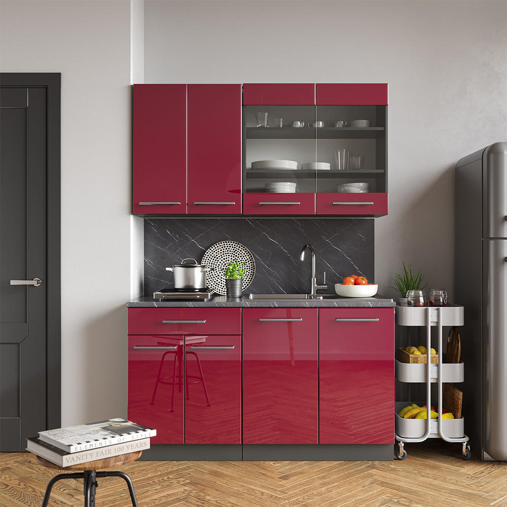 SINGLEKÜCHE Fame-Line Bordeaux Hochglanz/Anthrazit 140 cm AP Anthrazit - Bordeaux/Anthrazit, Holzwerkstoff (140/81.6/60cm) - Vicco