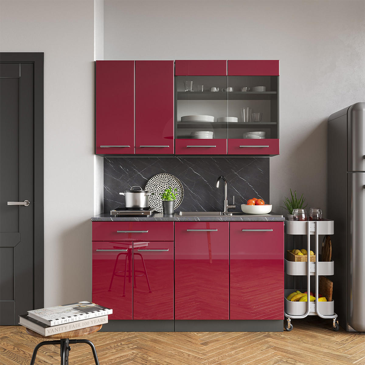 SINGLEKÜCHE Fame-Line Bordeaux Hochglanz/Anthrazit 140 cm, AP Marmor - Bordeaux/Anthrazit, Holzwerkstoff (140/81.6/60cm) - Vicco