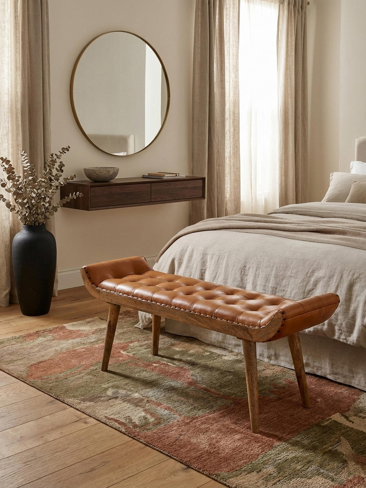 SITZBANK Massivholz Chesterfield Muster, Braun 125x38x50 cm - Braun, Mangoholz/Leder (125/50/38cm) - KADIMA DESIGN