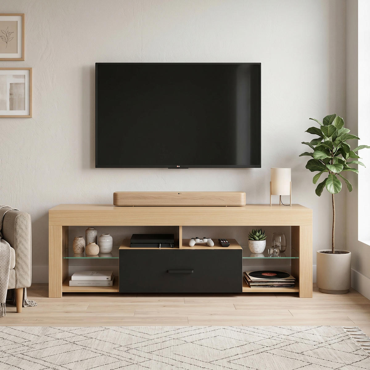 TV-LOWBOARD Spanplatte Glas Eiche - Eichefarben, Glas/Holzwerkstoff (40/45/140cm) - HOMCOM