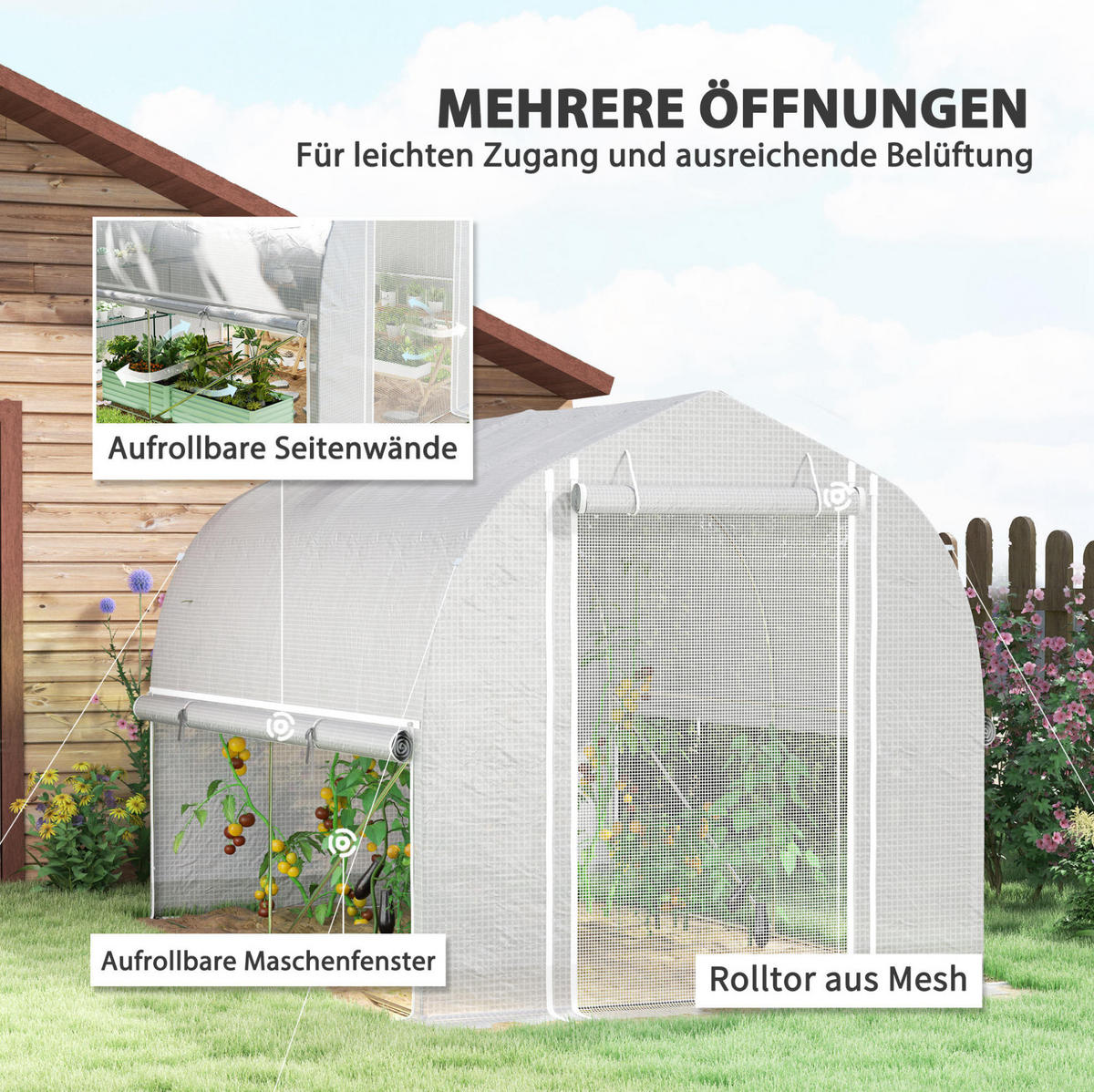 GEWÄCHSHAUS aus Kunststoff 300x200x200 cm in Weiß mit Rolltür & Fenstern - Weiß, Kunststoff (200/200/300cm) - Modfu