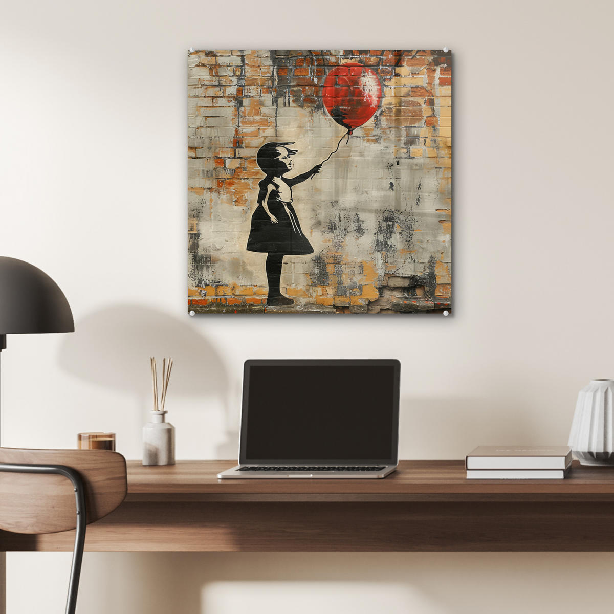 ACRYLGLASBILD Graffiti - Banksy - Mädchen - Straßenkunst 50x50 cm - Sandfarben, Glas (50/50cm) - MuchoWow