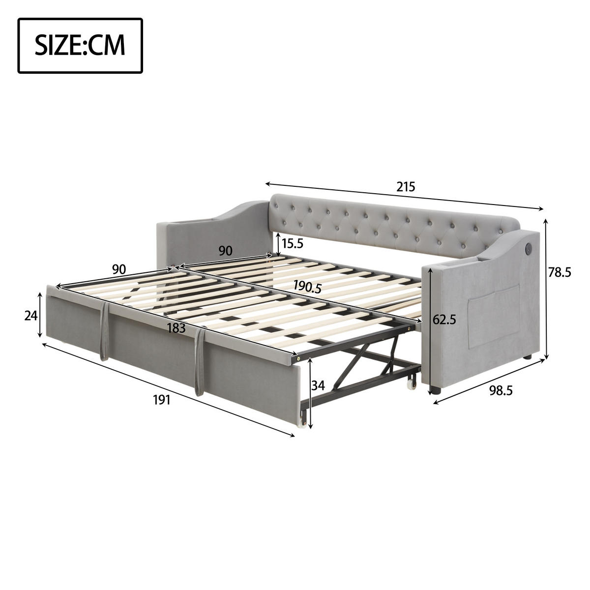 POLSTERBETT Schlafsofa 90/180 cm grau mit integrierten Stauraum und Ladeanschlüssen - Grau, Textil (90/180cm) - OKWISH