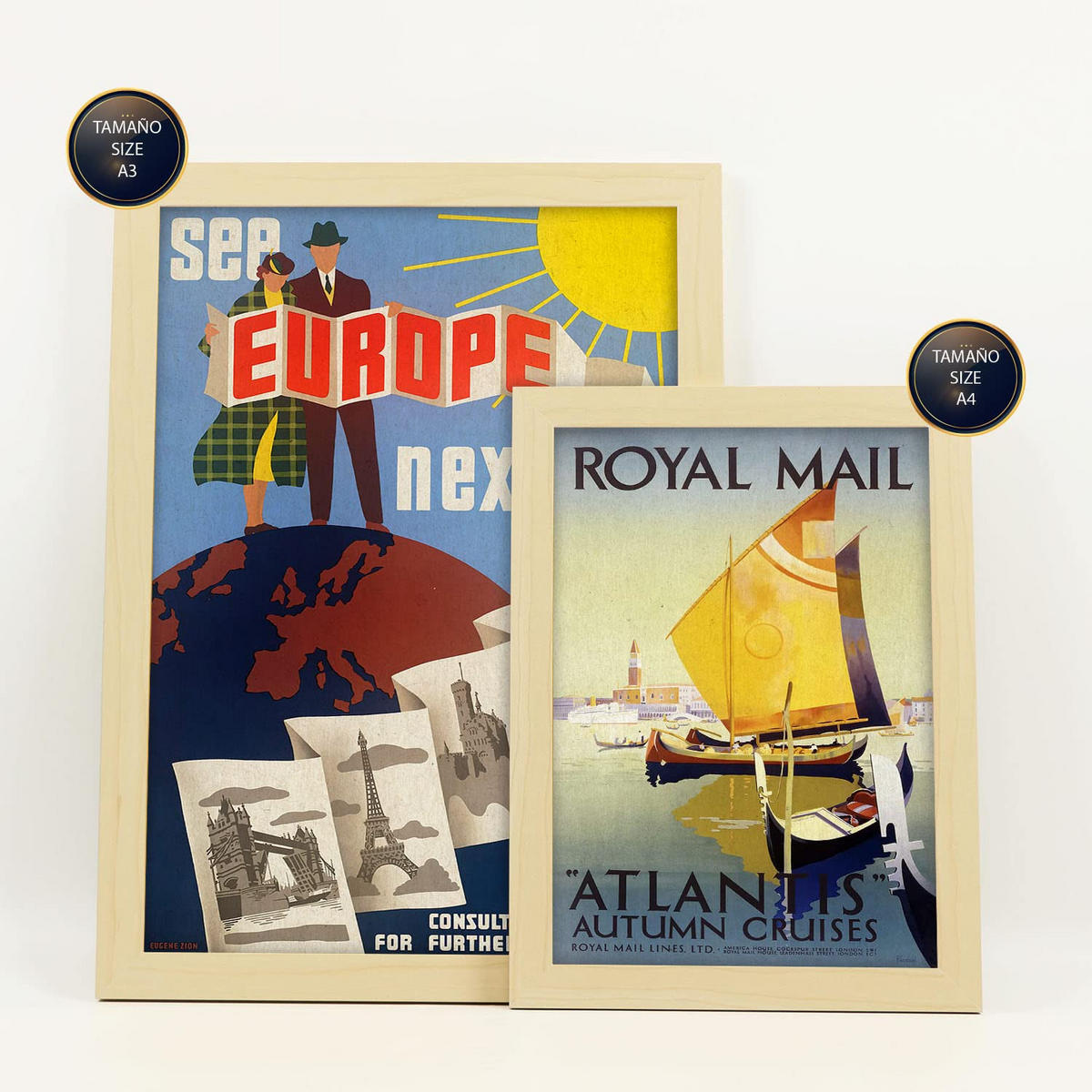 POSTER Set Mit 6 Vintage Europa Ästhetik Größe A3 & A4 Rahmen aus hellem Holz - Beige, Papier (29.7/1cm) - Nacnic