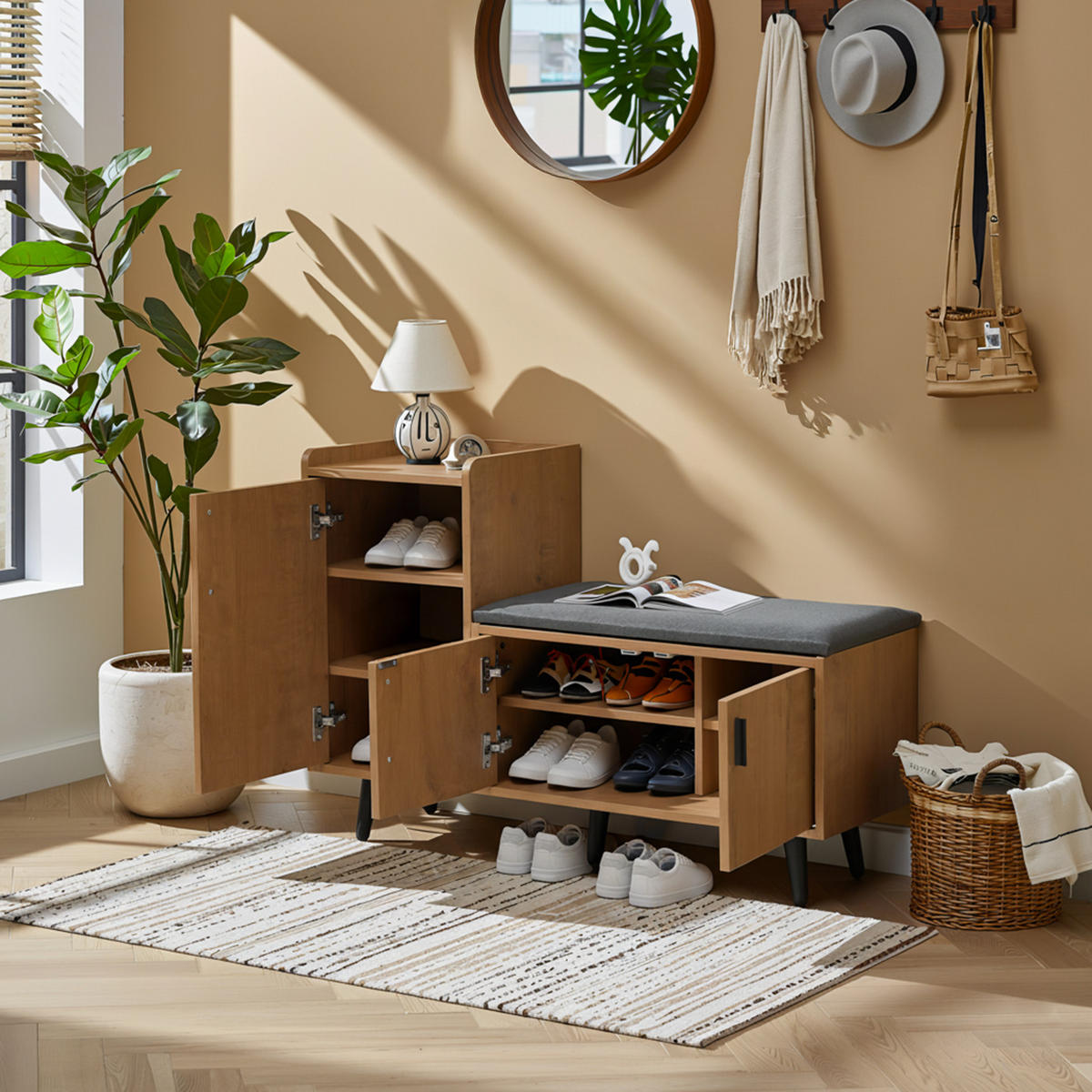 SCHUHBANK 100 cm Natur mit Stauraum, 3 Türen und gepolstertem Sitz für Flur - Naturfarben, Holzwerkstoff (100/68.5/34cm) - Urban Meuble