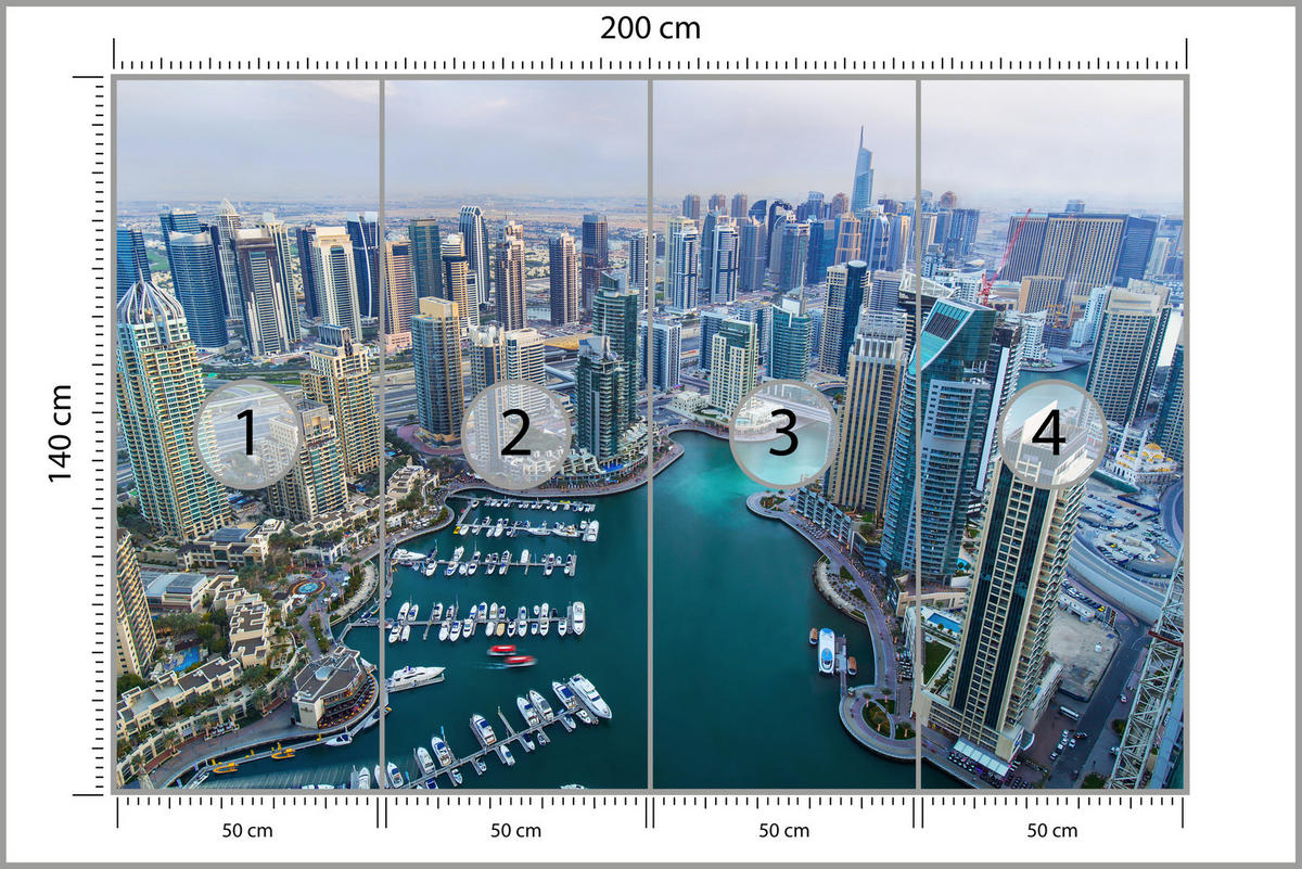 FOTOTAPETE für Wohnzimmer Dubai Vogelperspektive Wolkenkratzer 200x140 - Türkis/Blau, Papier (200/140cm) - Muralo