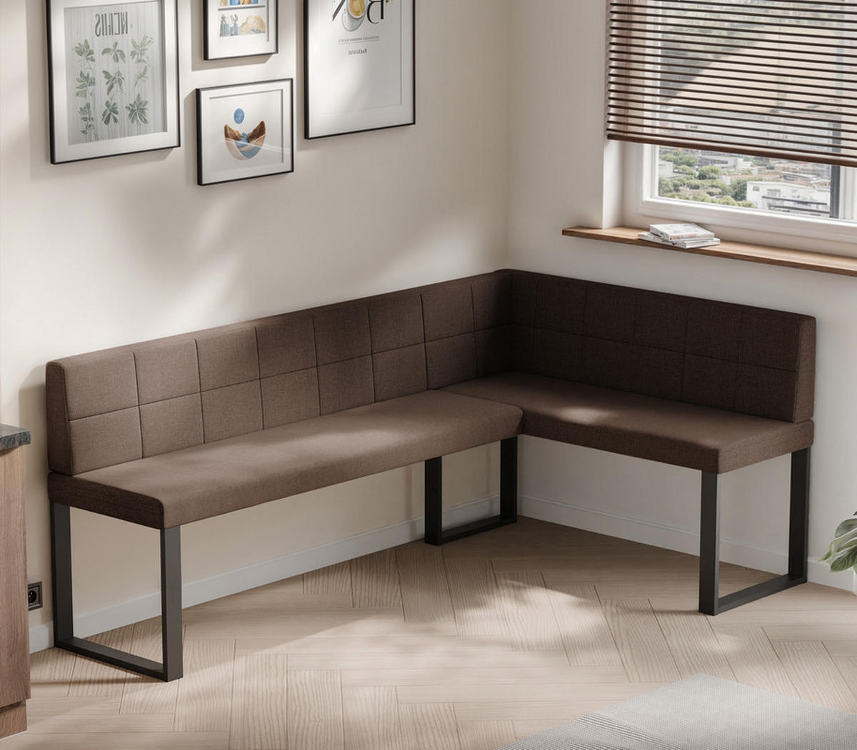 ECKBANK rechts SANA U Webstoff gesteppt, 168/128 cm Braun - Braun, Textil/Metall (128/168cm) - Idohome