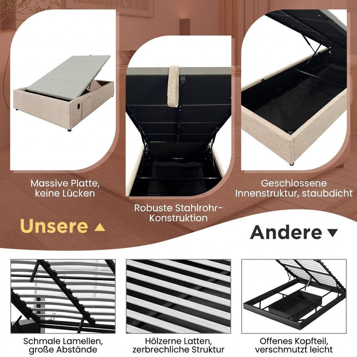 POLSTERBETT 90/200 cm Natürlich mit USB- C, Ohne Kopfteil - Naturfarben, Textil (90/200cm) - Oxeza