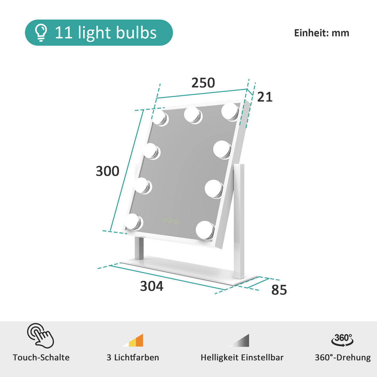 KOSMETIKSPIEGEL Rechteckiger mit Beleuchtung, Weiß, 30/25 cm - Weiß, Glas (25/8.5/30cm) - EMKE