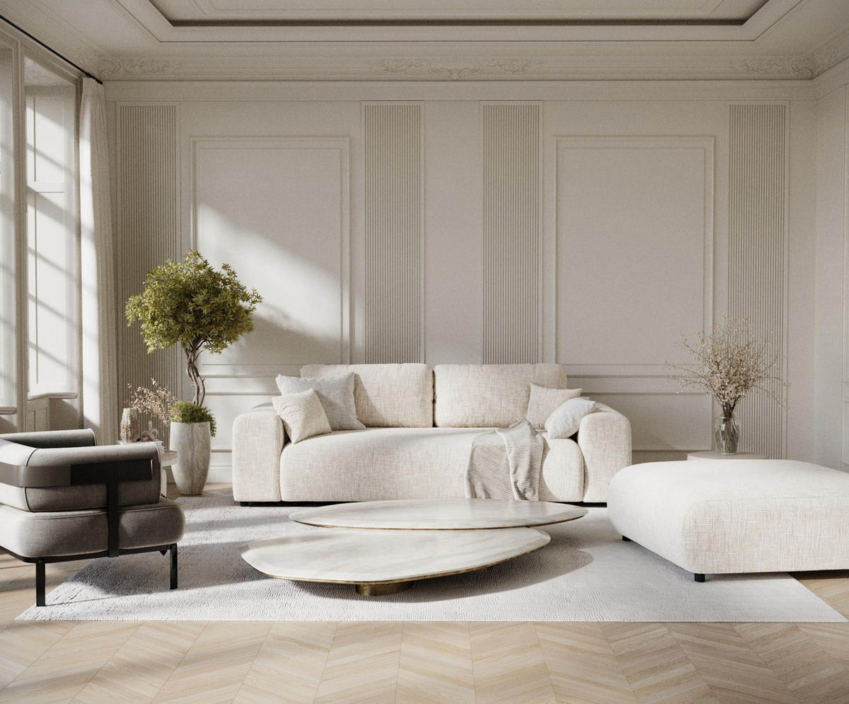 3-SITZER-SOFA Zanzibar Creme Webstoff - Creme/Schwarz, Holz/Holzwerkstoff (213/79/108cm) - Maison de Reve