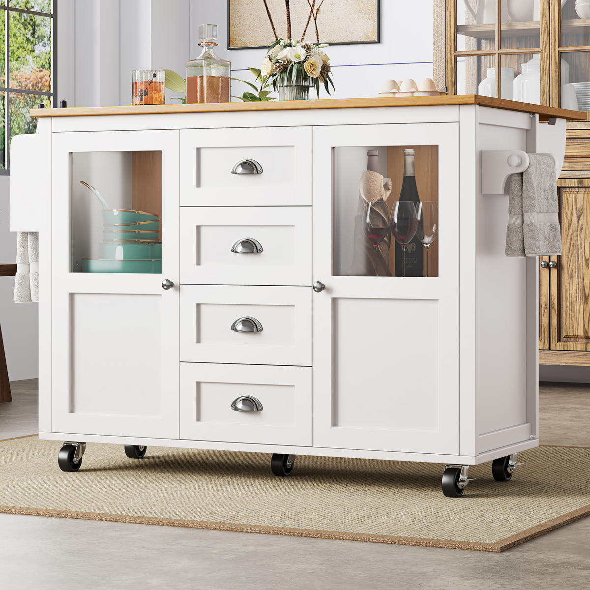 KÜCHENINSEL 137,9/73/92,5 cm weiß aus MDF und Metall mit Klapptisch - Weiß, Holzwerkstoff (137.9/92.5/73cm) - OKWISH