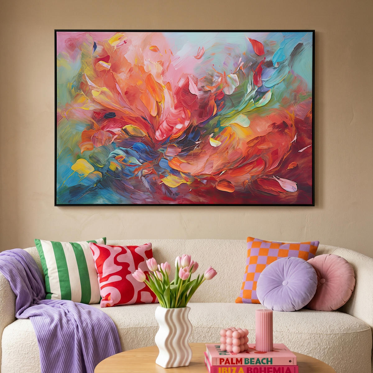 LEINWAND Bilder mit Rahmen - Ölgemälde - Kunst - Abstrakt - Farbenfroh - 150x100 - Altrosa, Textil (150/100cm) - MuchoWow