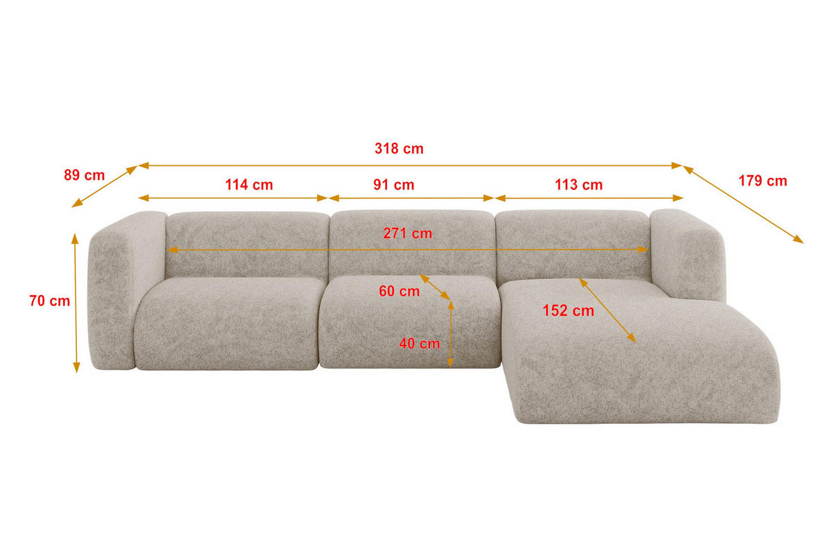 ECKSOFA Ottomane Rechts MIRA-L2 318x179x89 Beige Velours - Beige/Schwarz, Holzwerkstoff/Kunststoff (318/179cm) - ALTDECOR