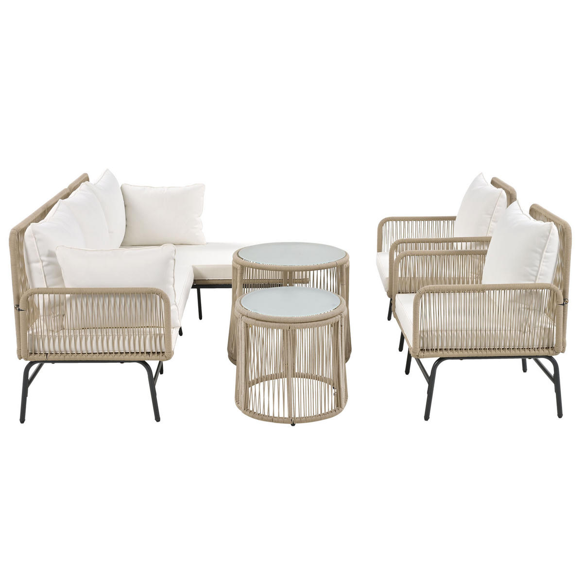 LOUNGESET 6-tlg. Beige 2 Sessel 2 Sofas 2 Tische - Beige, Metall - FLIEKS