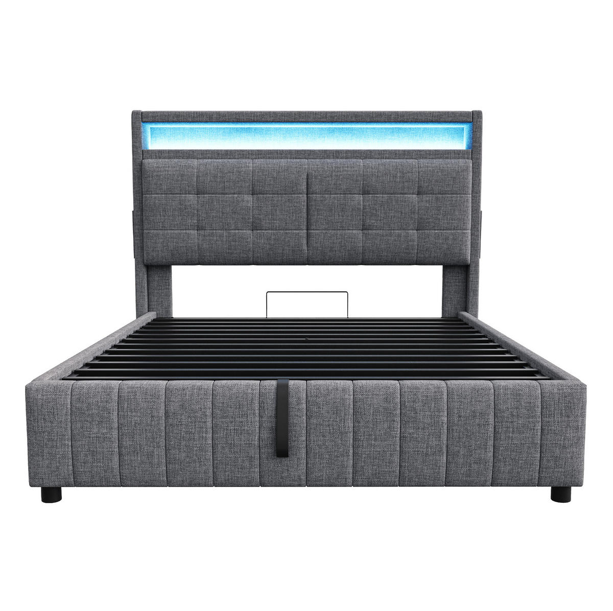 POLSTERBETT aus Leinenstoff 160x200 cm Grau mit LED-Beleuchtung, USB-Anschluss und hydraulischem Stauraum - Grau, Textil (160/200cm) - IVMEU