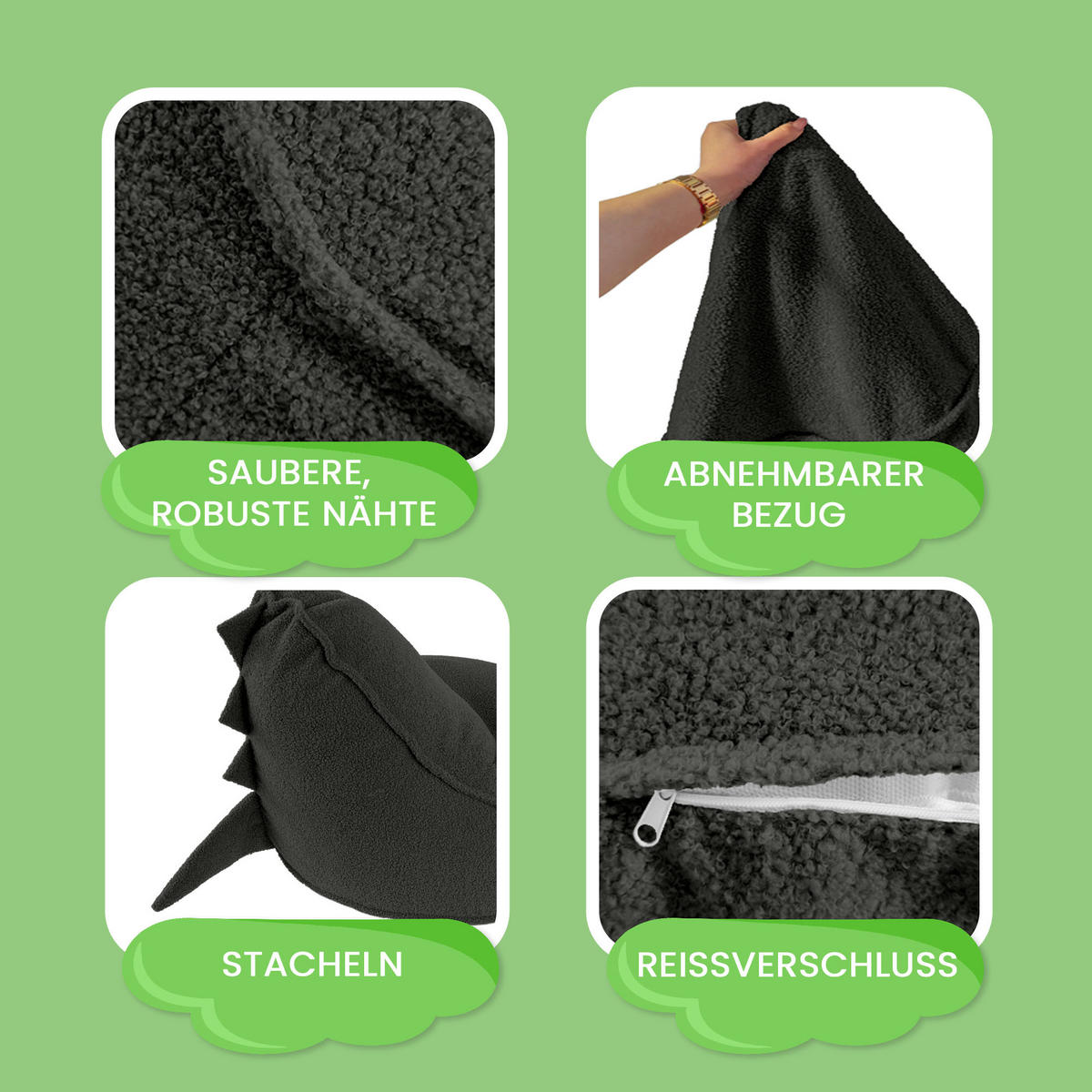 SITZSACK FÜR KINDER Dino 75/75/55 cm, weicher Bouclé 315 g/m², abnehmbarer Bezug, Steel Grey - Dunkelgrau, Textil (75/55/75cm) - Dreamroots
