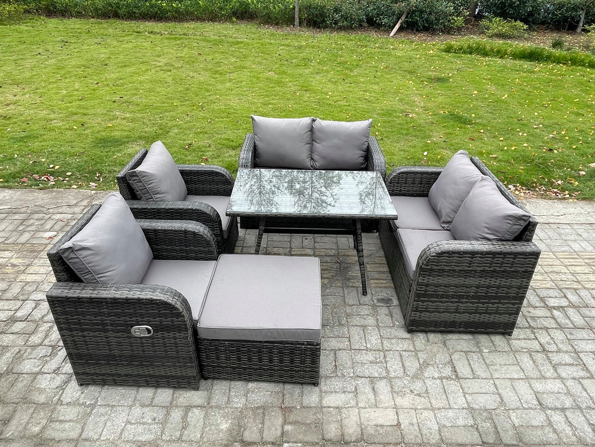 BALKONSET mit ESSTISCH SOFA Polyrattan Dunkelgrau 7-Sitzer - Dunkelgrau/Grau, Glas/Kunststoff - Fimous
