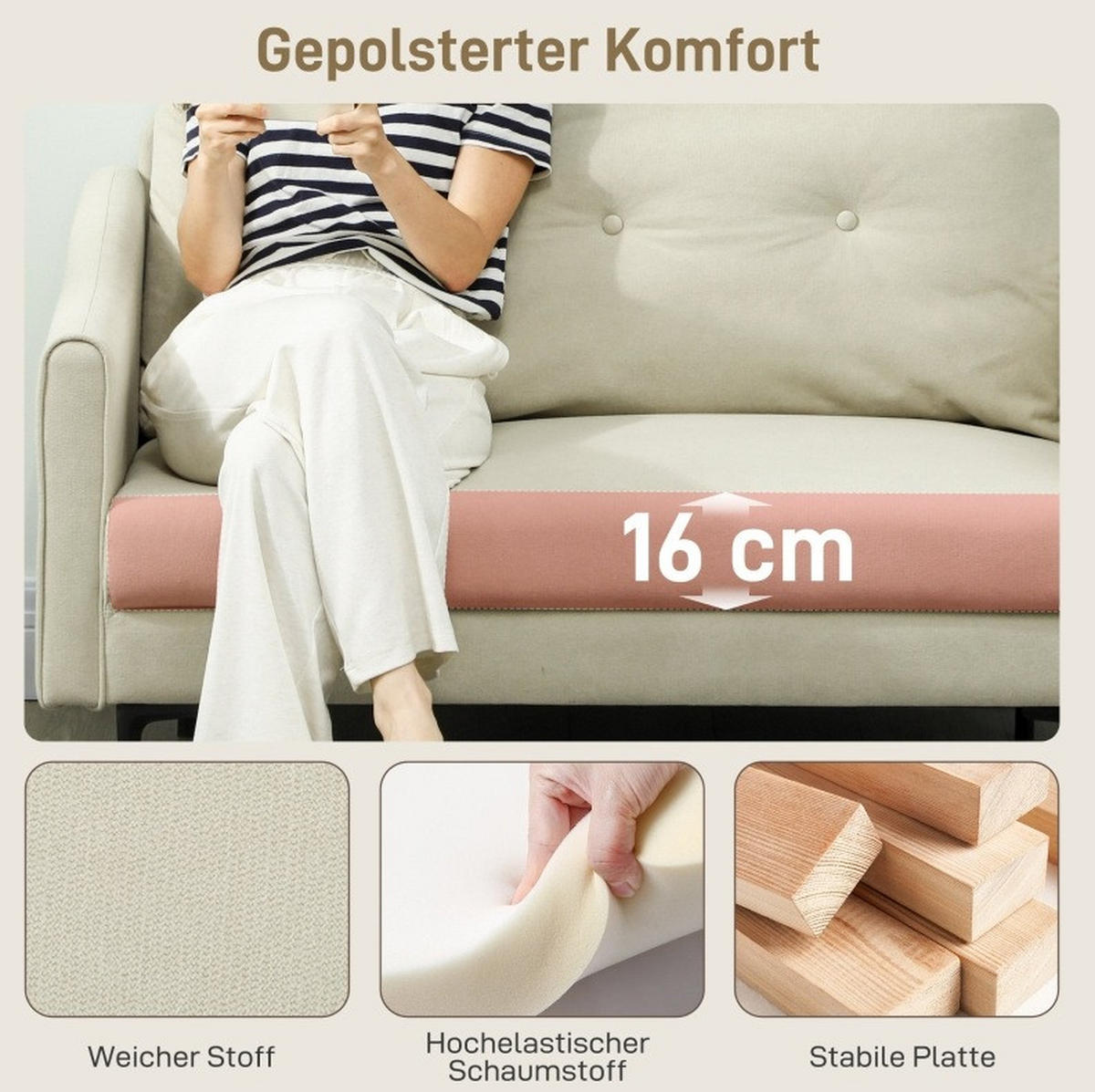 DVOSJED, 124/73/92 cm, metal/tapeciranje krem bijeli - krem, metal (73/92/124cm) - BEAOK