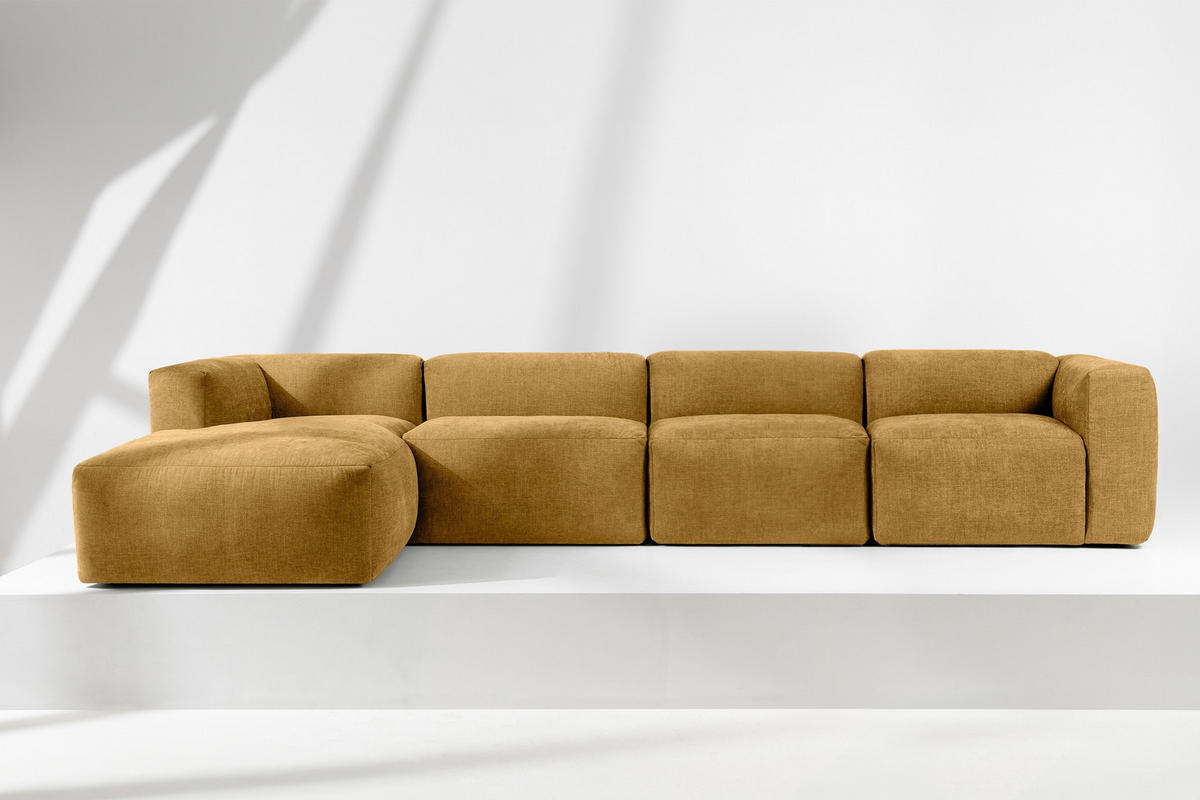 ECKMODULSOFA-LINKS BUFFO 6-Sitzer mit extrem weicher Sitzfläche, Gewebestoff, Honig - Gelb, Textil (377/180cm) - KONSIMO®
