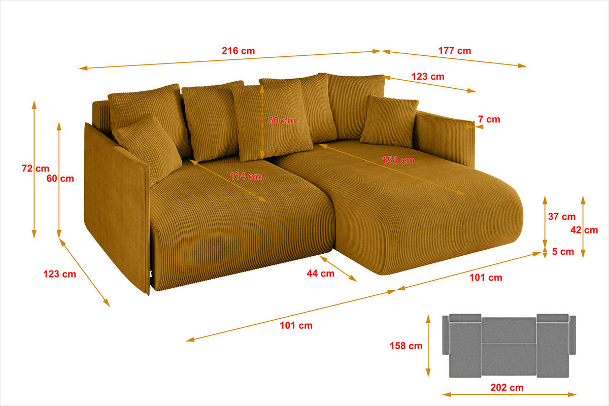 ECKSOFA Ottomane rechts ONESK-L 216x177x72 Senfgelb Cord - Currygelb, Holzwerkstoff/Kunststoff (177/216cm) - ALTDECOR