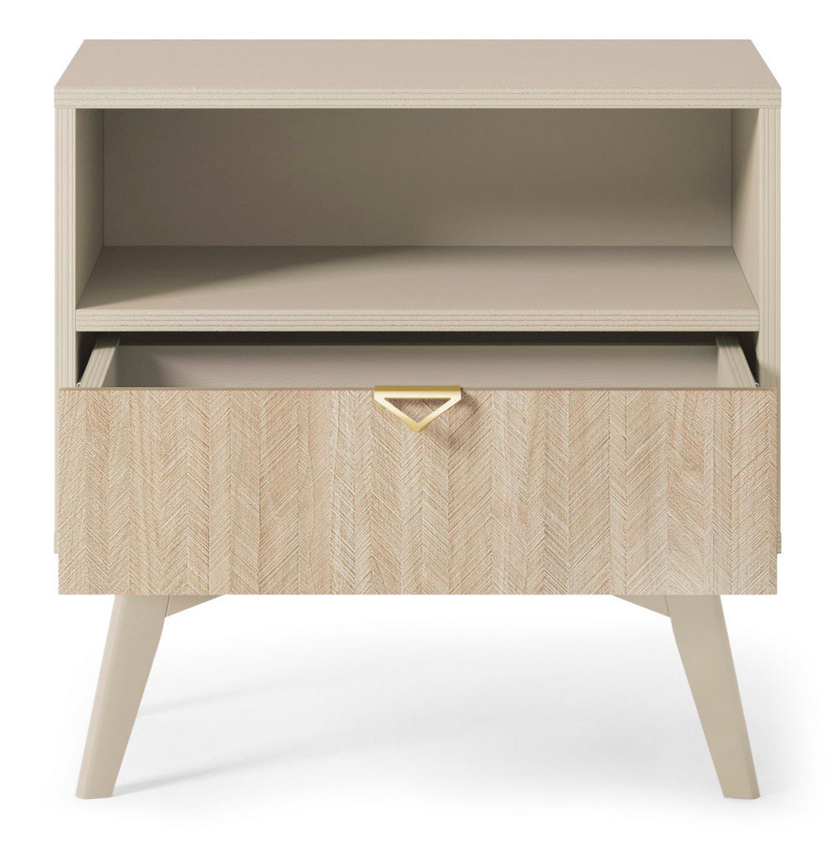 NACHTTISCH Silva in der Farbe Sandbeige + Scandi-Fischgrätmuster mit Ablage und Schublade - Beige/Goldfarben, Holz/Holzwerkstoff (54/54/38cm) - Ravio