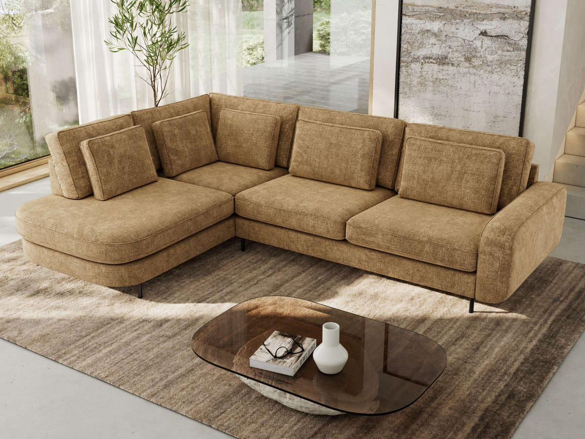 ROHOVÁ SEDAČKA CALENO L - Světle hnědá hladký senil - Pravá Strana - černá/světle hnědá, kov/textil (317/225cm) - MKS