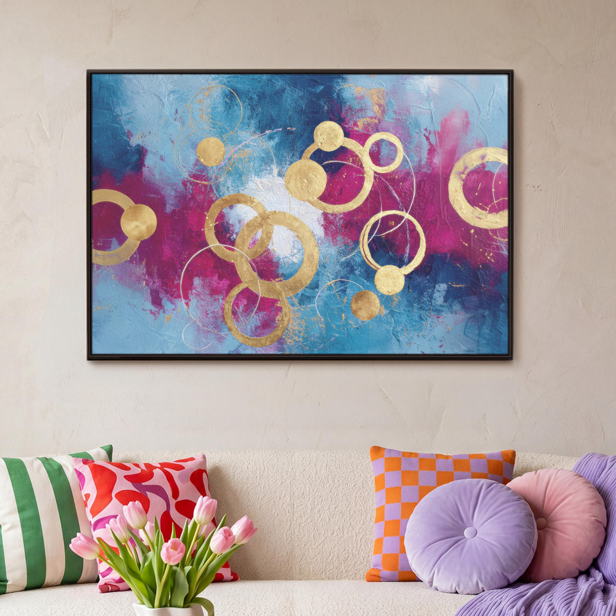 LEINWAND Bilder mit Rahmen - Kreise - Gold - Abstrakt - 90x60 - Blau, Textil (90/60cm) - MuchoWow