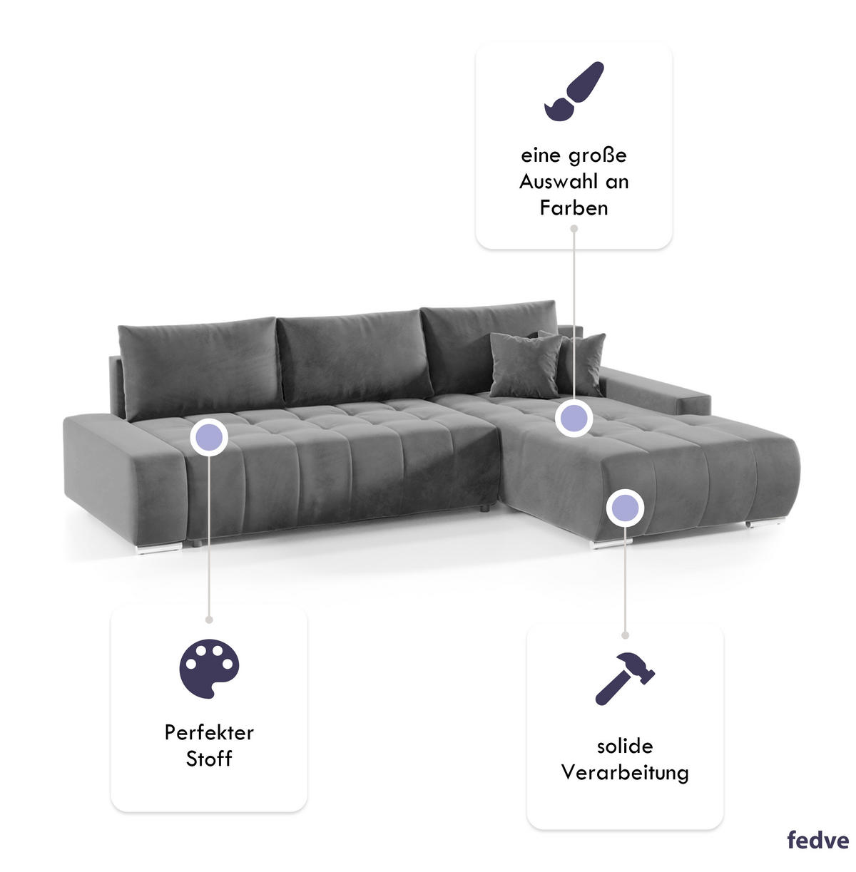 ECKSOFA mit Schlaffunktion Dhaka L, Grau - Grau, Textil (185/265cm) - Fedve