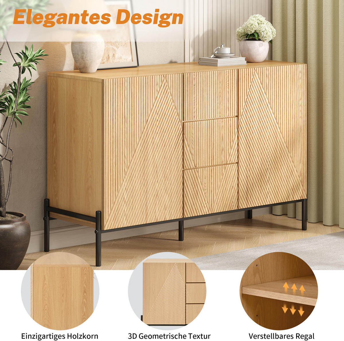 SIDEBOARD 115,5/40/76 cm in Natur mit 2 Türen und mittiger Schublade - Naturfarben, Holzwerkstoff (115.5/76/40cm) - Flora Grace