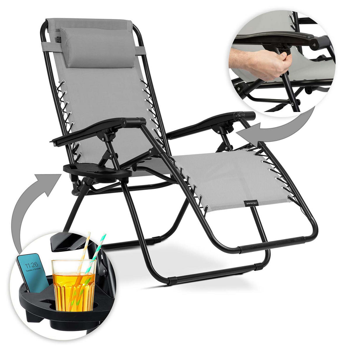 GARTEN-RELAXSESSEL Klappbarer mit Kissen, 2er Set, Grau - Grau, Metall (60/102/110cm)