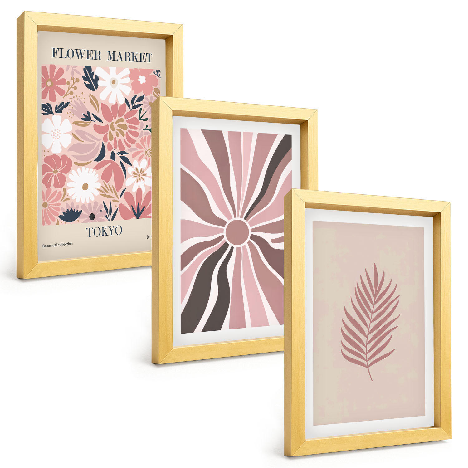 BILDER SET 3er Set - 20x30 cm Goldrahmen - Florale Blattmuster und Geometrie - Goldfarben, Kunststoff (20/30cm) - TULUP