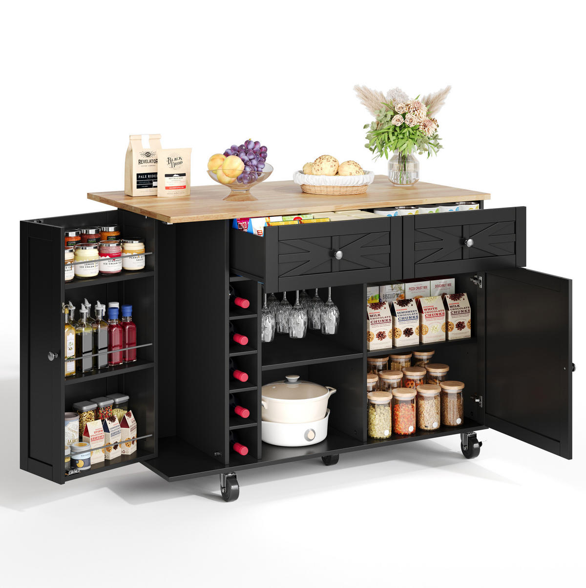 KÜCHENINSEL mit klappbarer Tischplatte 120 cm Schwarz - Schwarz, Holz (70/89/120cm) - Beauniv