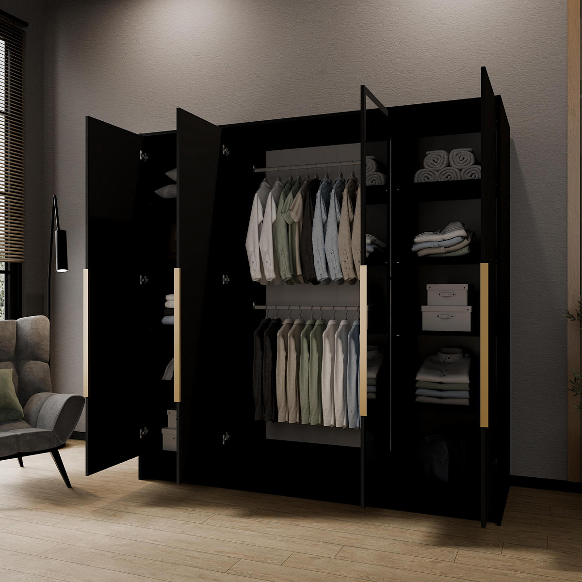 DREHTÜRENSCHRANK RENVO 200/200/51 cm Modern Kleiderschrank 4-türig mit Spiegel Schwarz - Schwarz, Holzwerkstoff (200/200/51cm) - MASSENO