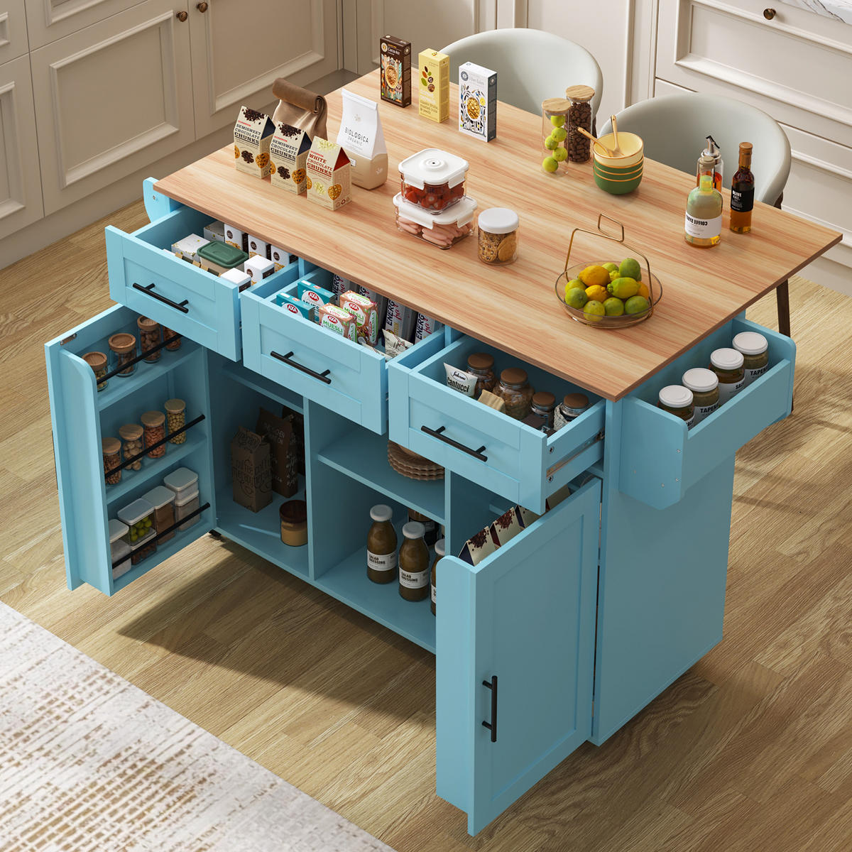 KÜCHENWAGEN mit Klappplatte 139 x 46(71) x 91,5 cm Blau - Blau, Holz (46/91.5/139cm) - Beauniv